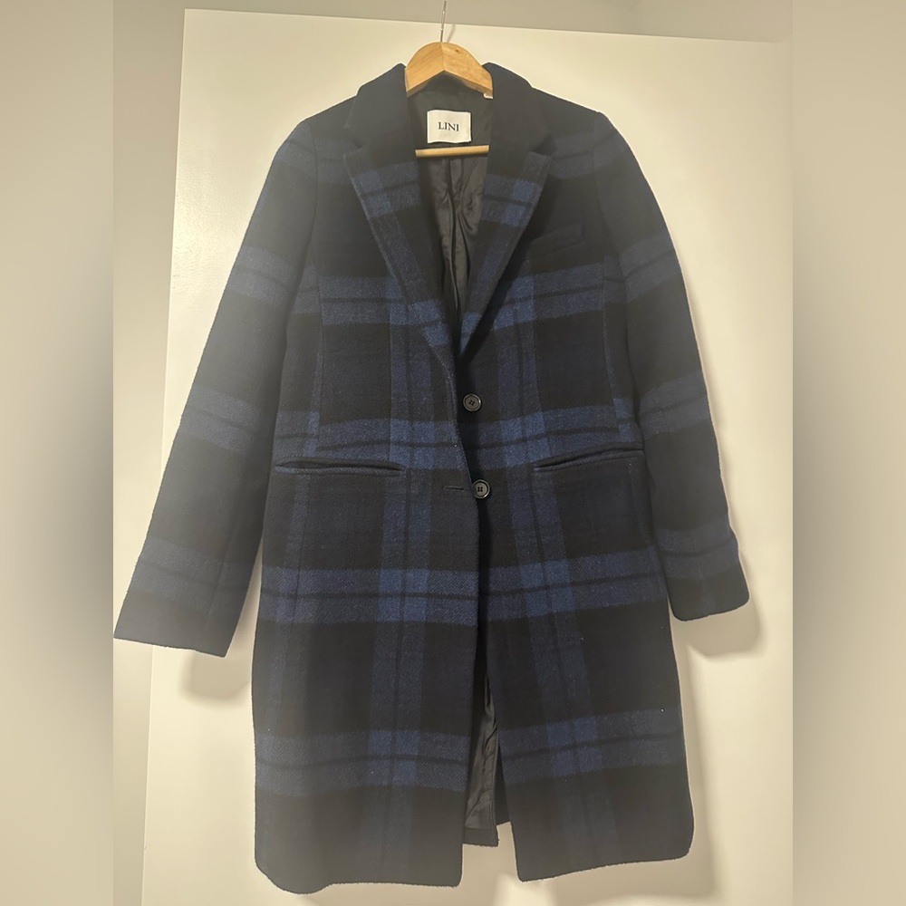 LINI Molly Navy Winter Wool Blend Plaid Coat Outerwear